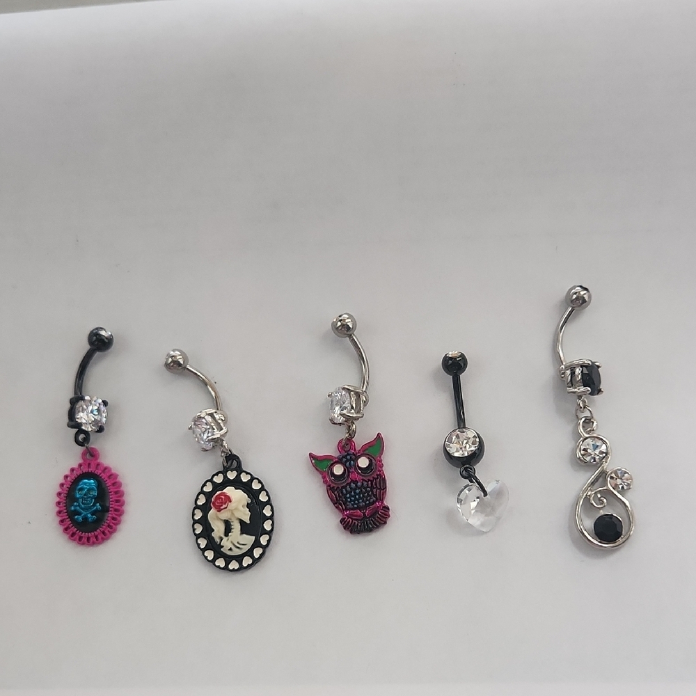 Set of 5 Goth Belly Button Rings with Colorful Charms